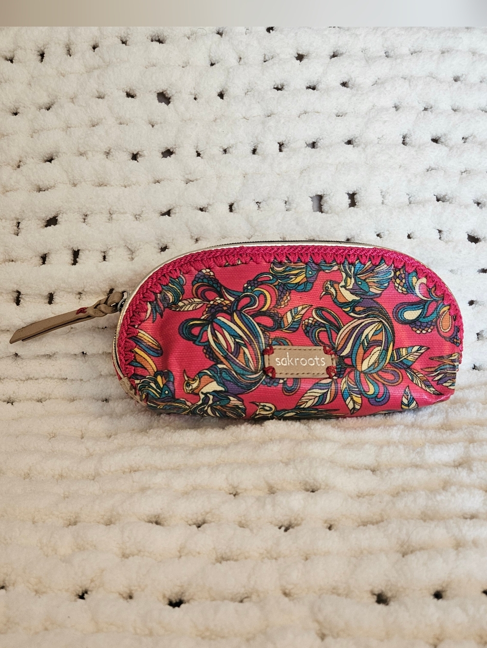 Sakroots Artist Circle Pink Floral Bird Print Zip Cosmetics Pouch